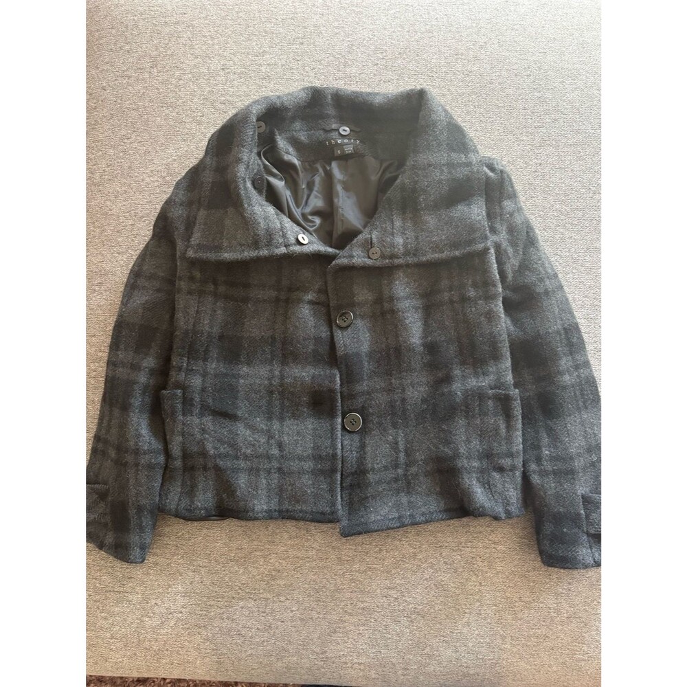 Theory Vintage Grey Plaid Wool Blend Cropped Jacket Size S Small